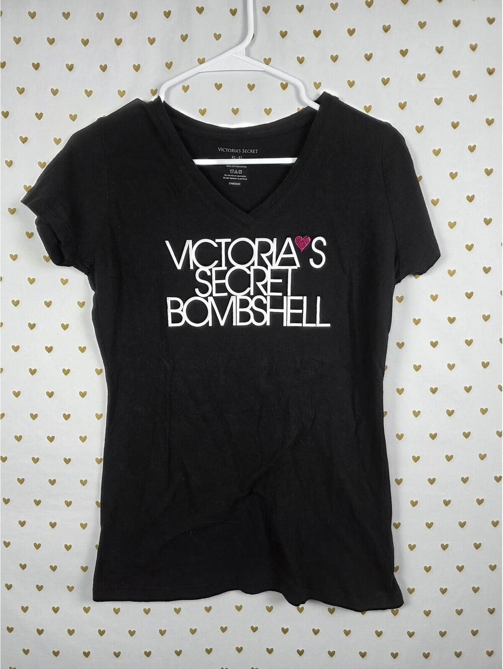 Victorias Secret Glitter Heart BOMBSHELL Black XL Tee Shirt - Picture 1 of 4